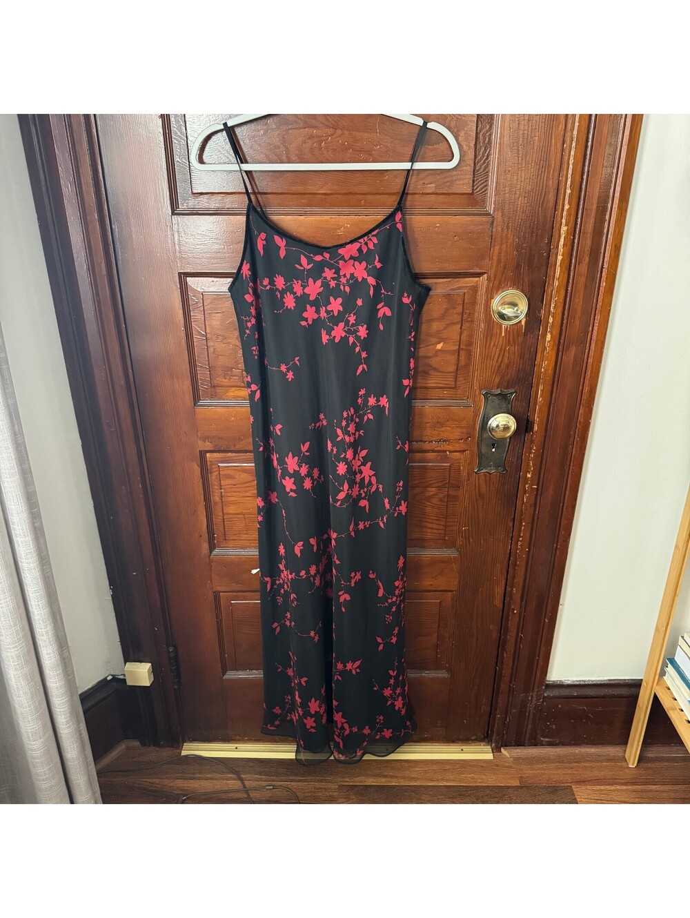 VTG Whimsigoth Y2K Grunge Black & Red Floral Maxi Slip Dress Size M